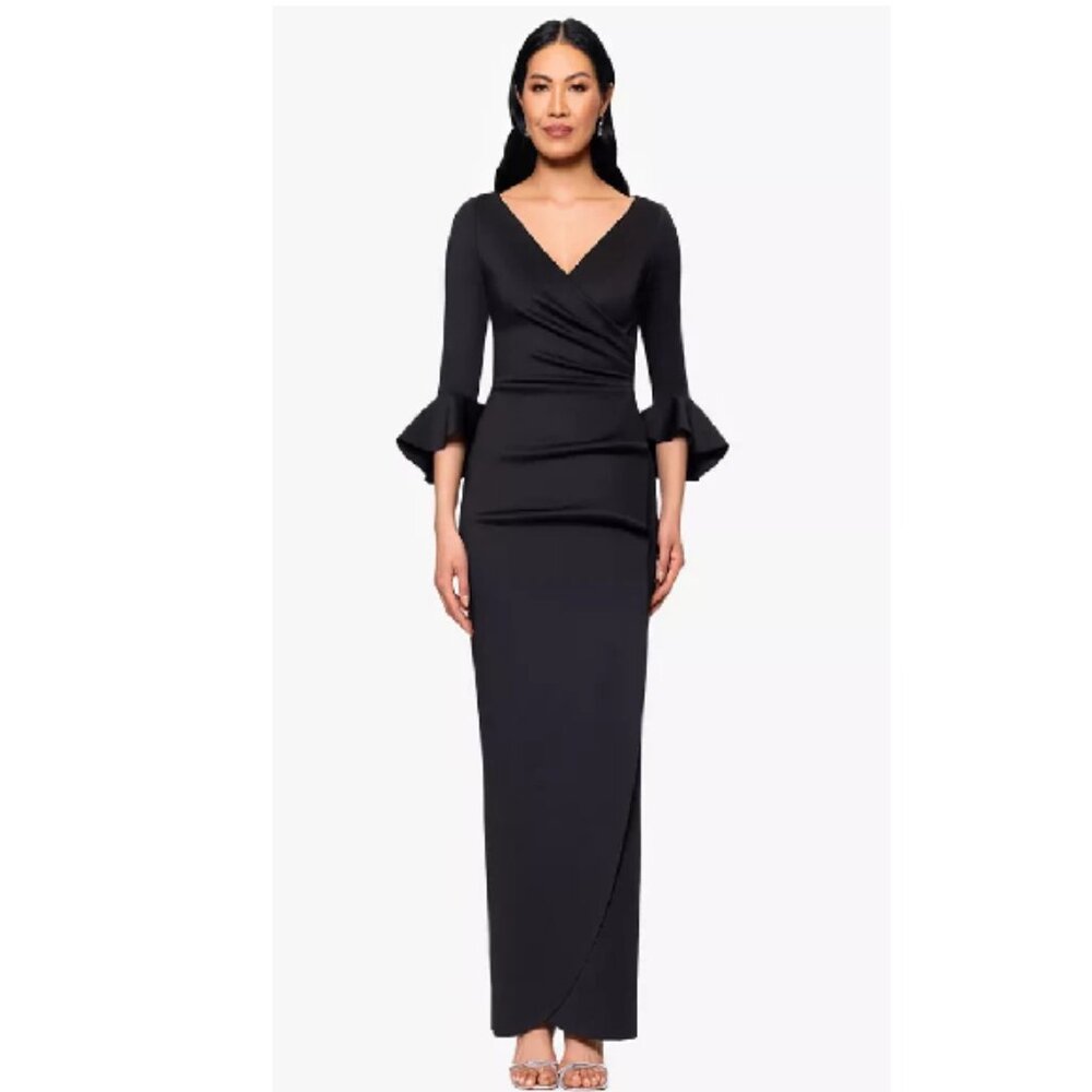 Betsy & Adam Ruffle Sleeve Faux Wrap Gown Dress Sz 4 Black